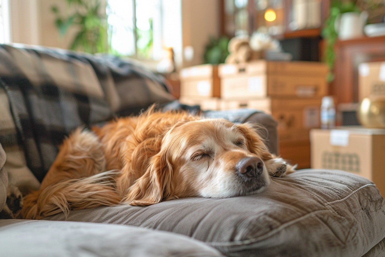 Chien senior se reposant paisiblement dans sa nouvelle maison à Vénissieux après un déménagement réussi