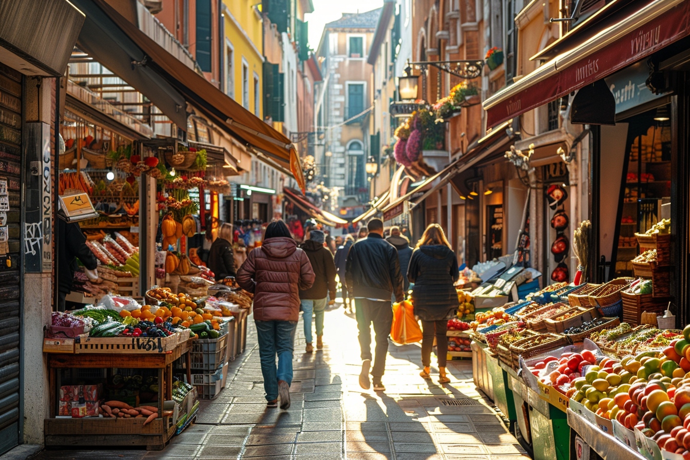 Rue commerçante animée à Vénissieux avec des acheteurs portant des sacs de shopping locaux