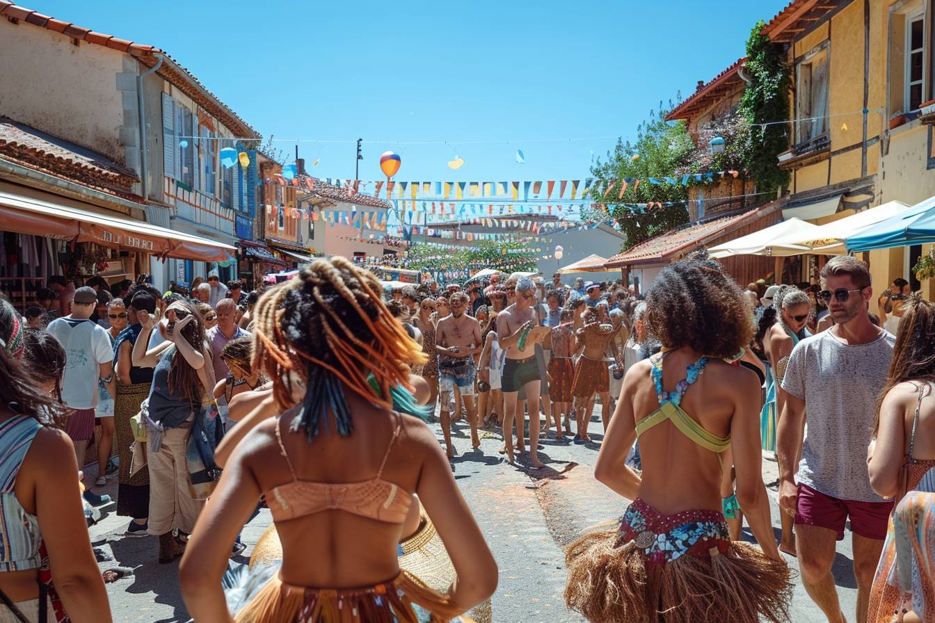 Vue dynamique de la vie culturelle à Venissieux avec des artistes locaux en pleine performance lors d'un événement en plein air.