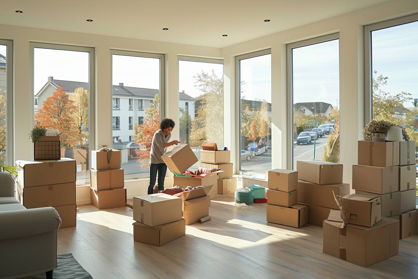 Personne en arrêt maladie préparant des cartons de déménagement pour un nouveau département depuis Vénissieux